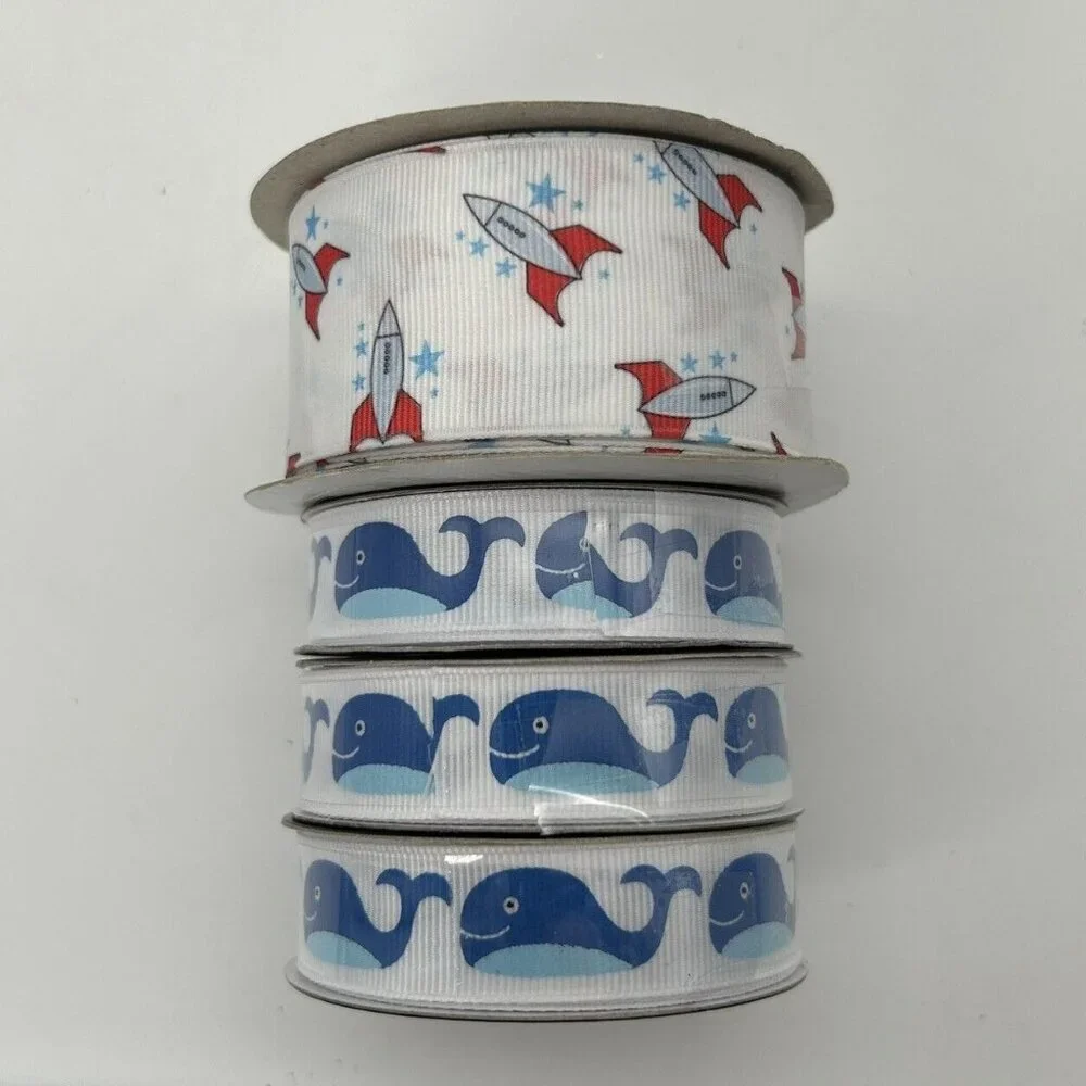 Lot of 4 Ribbon Grosgrain Rockets Whales Boy Craft Sew Space Ocean Blue